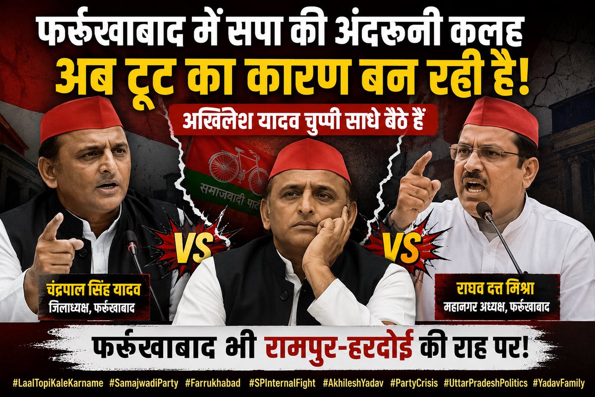 subh_09910468's tweet photo. फर्रूखाबाद में सपा की गुटबाज़ी अब खुलकर सामने आ गई है। जिलाध्यक्ष और महानगर अध्यक्ष के बीच टकराव ने संगठन की एकजुटता पर सवाल खड़े कर दिए हैं। सवाल यह है कि नेतृत्व इस विवाद को कैसे संभालेगा।
#LaalTopiKaleKarname #SamajwadiParty #Farrukhabad #SPInternalFight #AkhileshYadav #PartyCrisis #UttarPradeshPolitics #YadavFamily