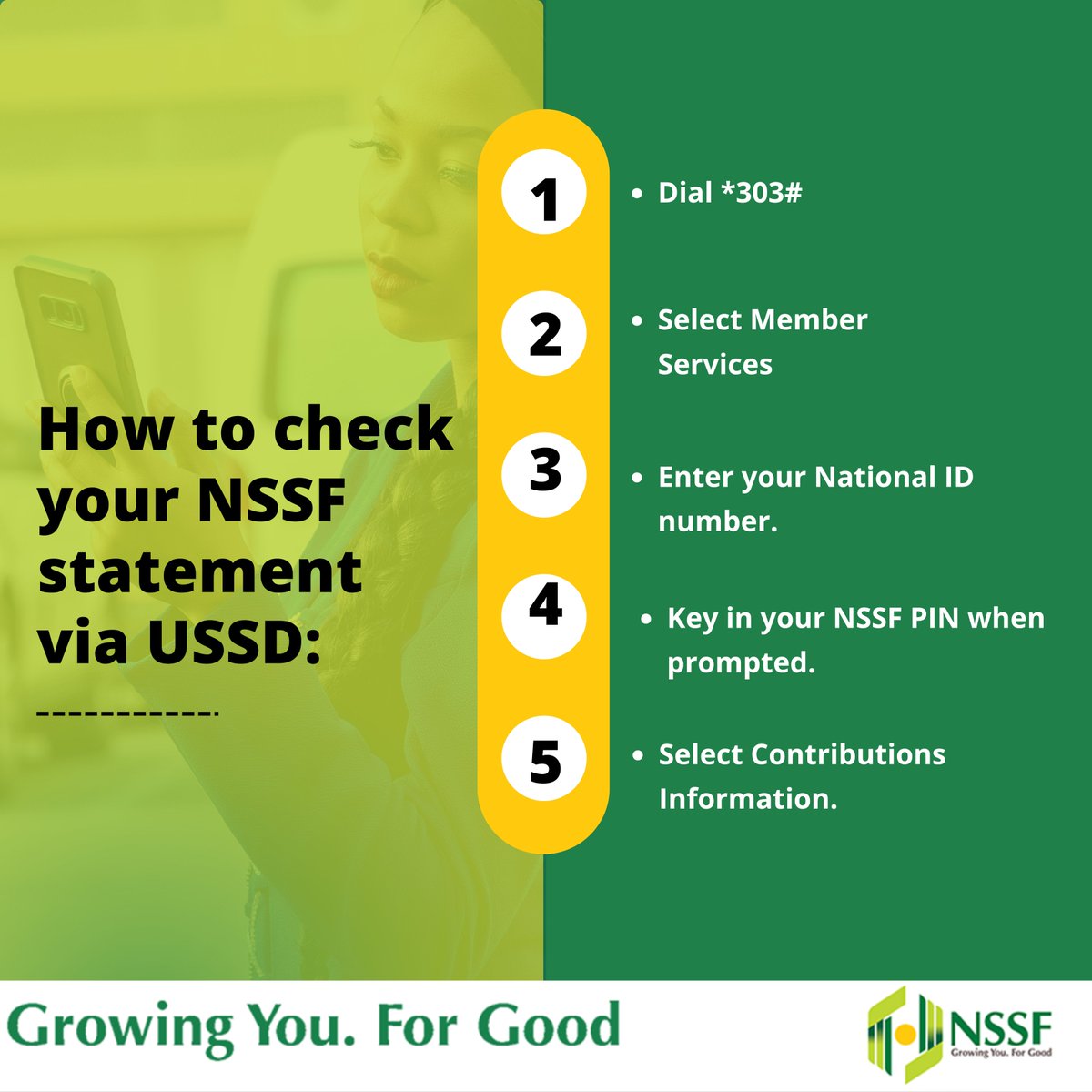 NSSF_ke's tweet photo. It's Friday, a great time to check in on your future! Have you confirmed your NSSF statement lately? Knowing your savings is the first step to planning ahead. Dial *303# to check your balance today. #LeavingNoOneBehind https://t.co/DVMuaWVYmH