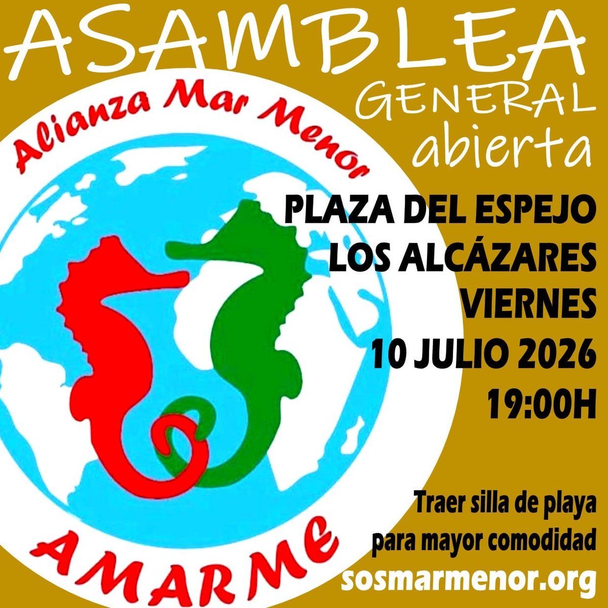 AlianzaMarmenor's tweet photo. -Viernes 10 julio Asamblea General Presencial de ALIANZA MAR MENOR.
#AMARME.
En la Plaza del Espejo. Los Alcázares.
Hora: 19:00 h. Primera convocatoria.
#SOSMarMenor
19:15 horas comienza la asamblea. Más información en: https://t.co/tXo2VlL9DB. https://t.co/SfJG8aNfb2