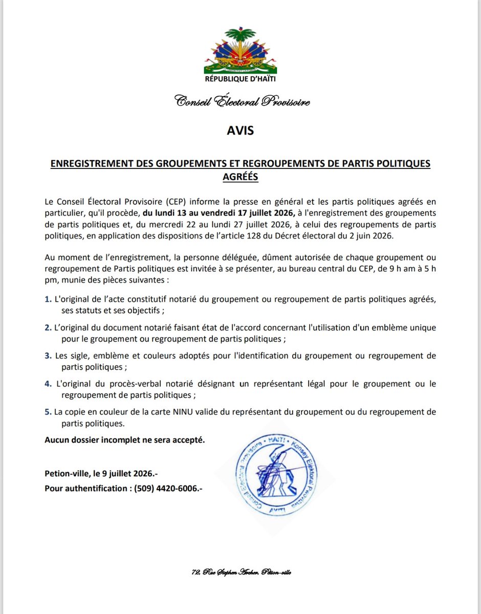 cep_haiti's tweet photo. ENREGISTREMENT DES GROUPEMENTS ET REGROUPEMENTS DE PARTIS POLITIQUES AGRÉÉS https://t.co/vv6zrkjXwZ