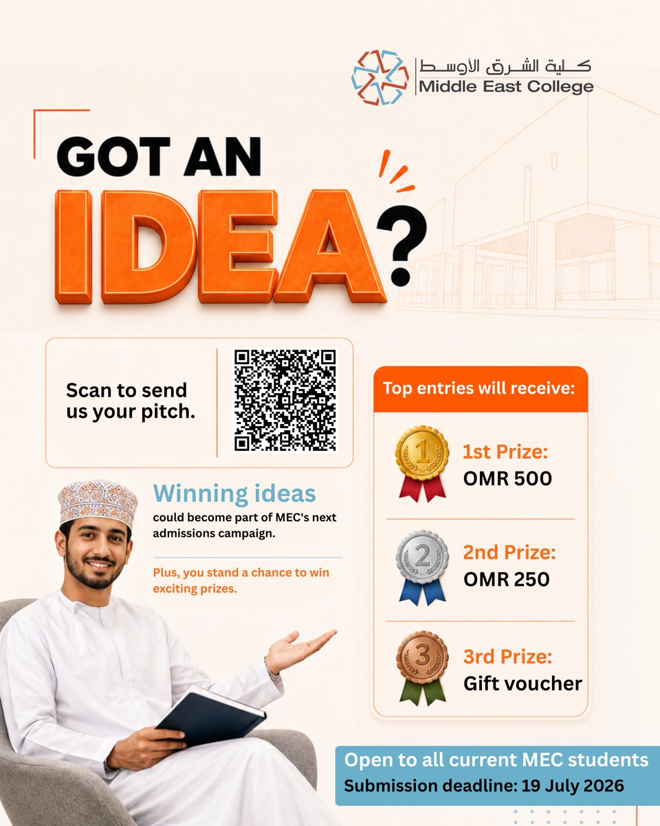 MEC_Oman's tweet photo. Take on the Marketing Campaign Challenge, think like a marketer, and share your creative admissions campaign idea.

✨ Win exciting prizes and see your idea become part of MEC's next admissions campaign.

📅 Submit by 19 July 2026.
📲 Scan the QR code to enter. https://t.co/SdGPodL8Yf