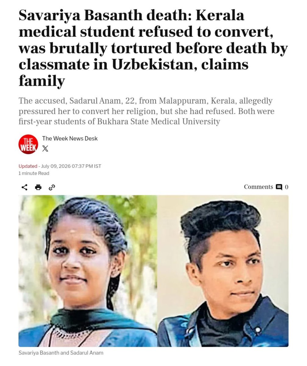 BefittingFacts's tweet photo. Former CM Pinarayi Vijayan had called 'The Kerala Story' film - Sangh propaganda.

Now, a Malayali MBBS student Savariya Basanth was killed by her classmate Sadarul Anam, after she refused to convert to Islam.

No condemnation from Former CPI (M) or present Congress CM. https://t.co/UeNSsJmOnW