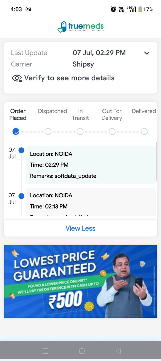 mailvikasg27's tweet photo. @Truemedsindia I have a pending order 51048487 since last 3 days the application is reflecting the package is at Noida hub but no pickup. Nobody is responding on call and mails. https://t.co/jwqVx5lPek