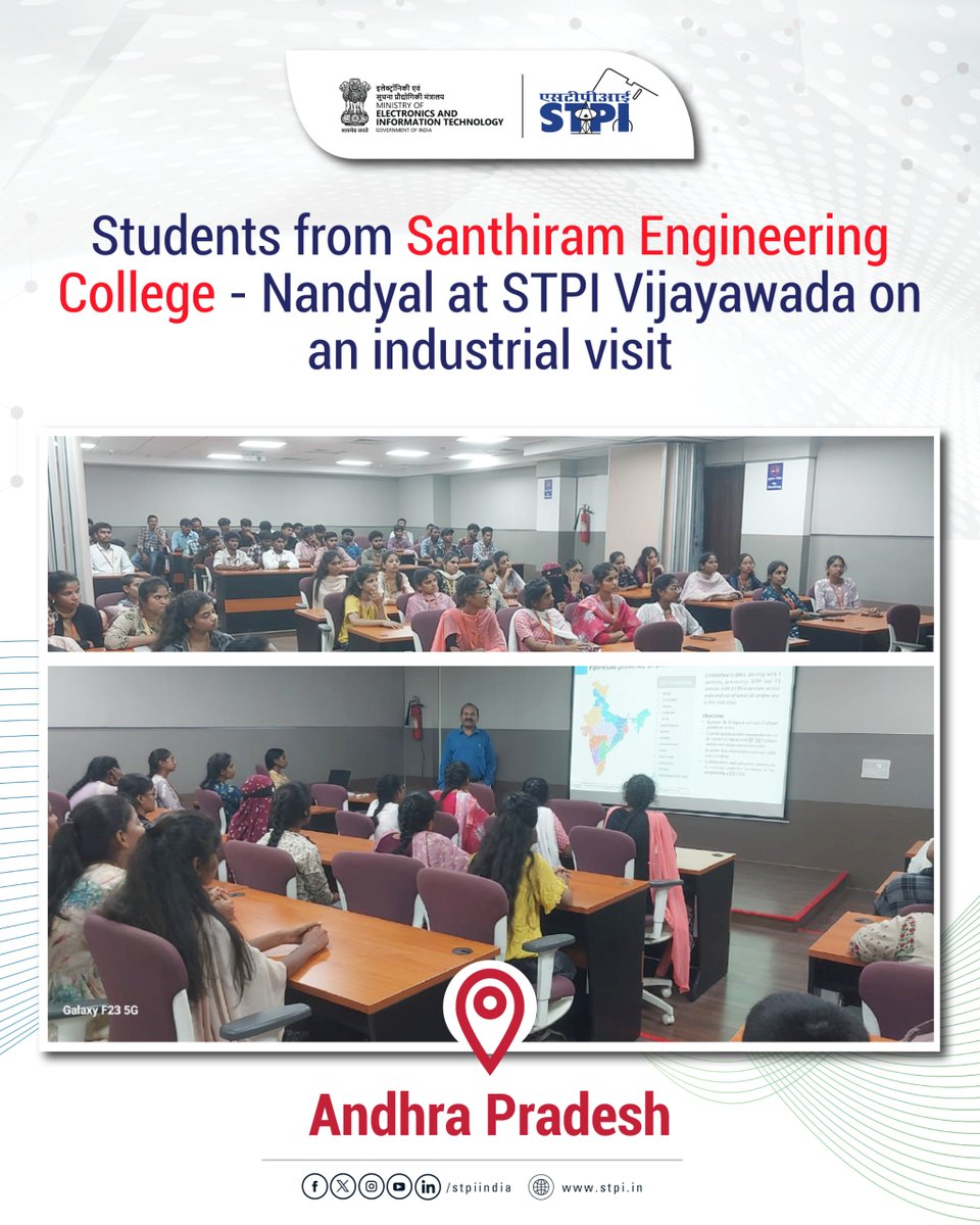 stpiindia's tweet photo. STPI Vijayawada organised an industrial visit for the students of Santhiram Engineering College, Nandyal.

The visit introduced students to STPI's key services and initiatives while providing insights into entrepreneurship and the startup ecosystem. The interaction encouraged aspiring innovators to explore entrepreneurial opportunities and contribute to strengthening India's technology ecosystem.

#STPI #IndustryAcademia #Innovation #Entrepreneurship #StartupEcosystem #STPIVijayawada #Technology #Students 

@GoI_MeitY @AshwiniVaishnaw @JitinPrasada @SecretaryMEITY @arvindtw @_DigitalIndia @NeGD_GoI @EduMinOfIndia @startupindia @STPIVijayawada