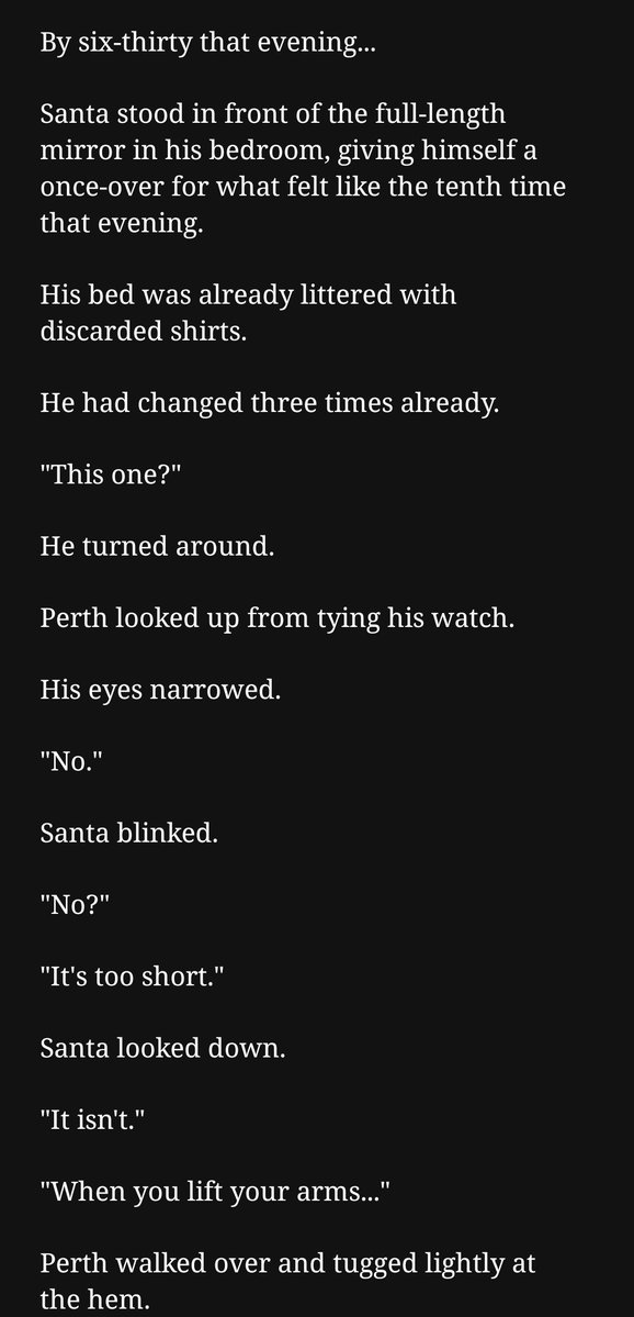 iamCathyPS's tweet photo. 🚨His in the Dark - Chapter 28 update:

Me imagining Perth being ridiculously strict about what Santa is and isn't allowed to wear. 🤭🖤🤍

#PerthSanta #PerthSantaFanfic https://t.co/9PL3AuYqfx