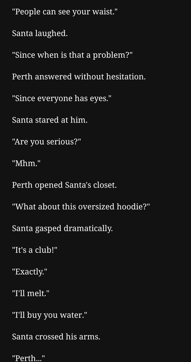 iamCathyPS's tweet photo. 🚨His in the Dark - Chapter 28 update:

Me imagining Perth being ridiculously strict about what Santa is and isn't allowed to wear. 🤭🖤🤍

#PerthSanta #PerthSantaFanfic https://t.co/9PL3AuYqfx