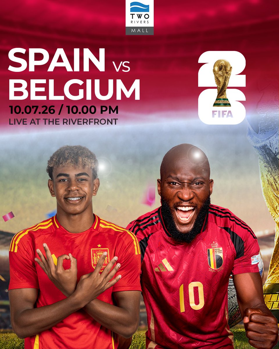 TwoRivers_KE's tweet photo. Catch the Spain 🇪🇸 vs Belgium 🇧🇪 FIFA World Cup Quarter-Final LIVE at the Riverfront! ⚽🔥Pull up with your crew, grab your favourite drinks and enjoy the ultimate matchday experience on the big screen. 
#WorldCupLiveAtTheRiverfront #SpainBelgium https://t.co/UIhHDbEKWt