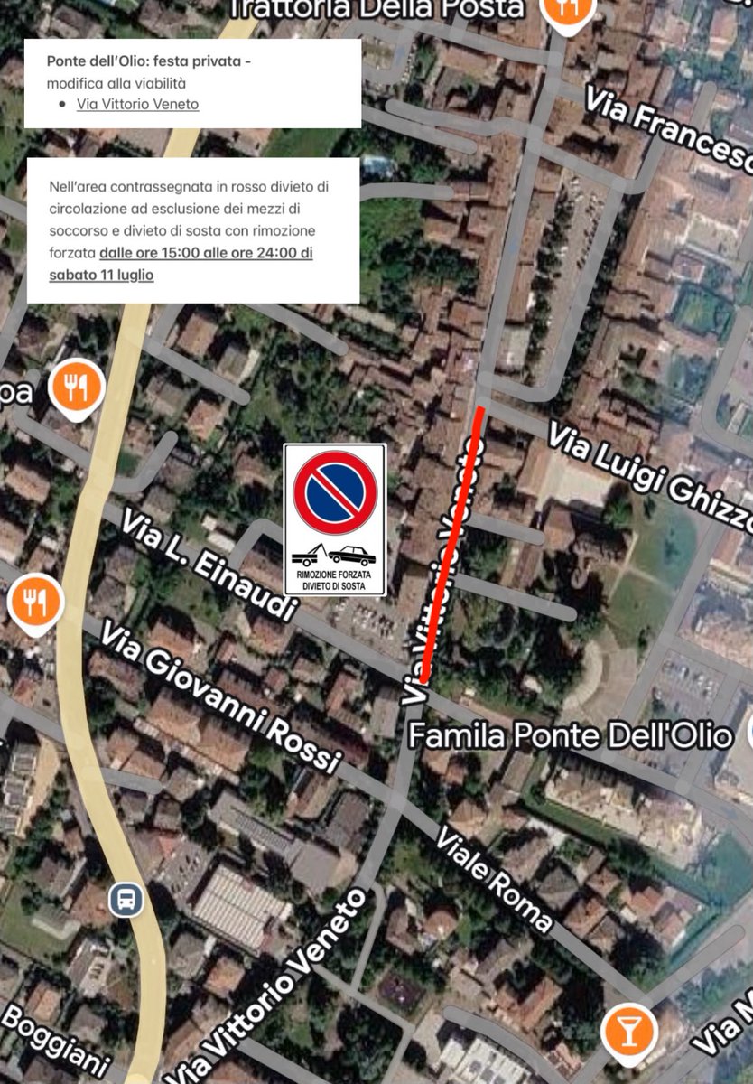 PL_AltaValNure's tweet photo. Ponte dell’Olio, Via Vittorio Veneto: a partire da domani pomeriggio (11/07/2026) dalle ore 15:00, divieto di circolazione e divieto di sosta con rimozione forzata, area indicata https://t.co/41mZ3zHEa4
