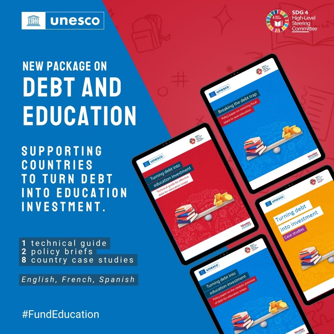 Education2030UN's tweet photo. What are debt-for-education swaps — and why do they matter now?

As debt pressures rise, many countries are forced to divert resources away from education and other essential services.

A debt-for-education swap enables a government to convert part of its external debt into targeted investment in education — helping create fiscal space while supporting long-term development.

At the #TransformingEducation Summit +4, UNESCO and the #SDG4 High-Level Steering Committee launched a Debt and Education package, to support countries in implementing debt-for-education swaps and advancing sustainable financing for education.

Because when debt crowds out education, the future pays the price.

Learn more: https://t.co/DMeofX5Hnl

#FundEducation