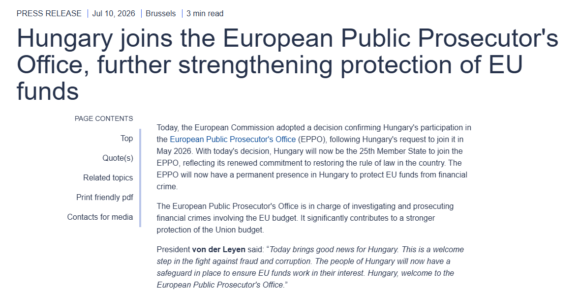 MarceszHu's tweet photo. 🇪🇺🇭🇺Breaking: Hungary officially joins the European Public Prosecutor's Office.

The law was passed by Parliament in May, and Prime Minister Péter Magyar has already handed the paperwork to the EU parliament late May.

With this, Hungary will become the 25th member of the court. https://t.co/jjbM62JAAL