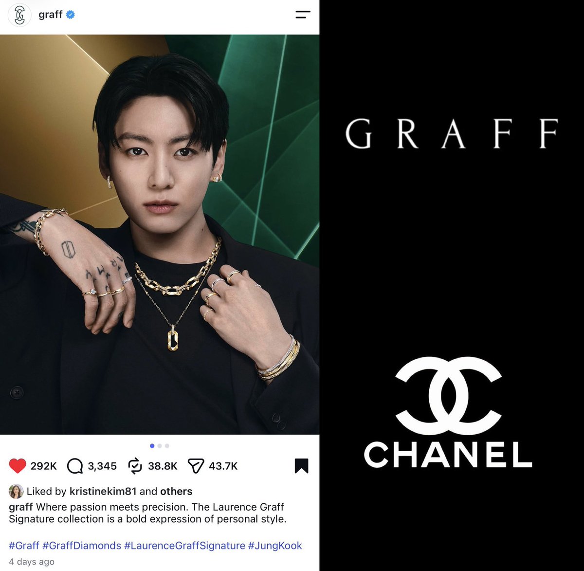 1BforJK's tweet photo. Kristine Kim ผู้จัดการฝ่ายประชาสัมพันธ์อาวุโส แผนก Fragrance & Beauty ของ Chanel 🇫🇷 ร่วมเฉลิมฉลองและสนับสนุน #จองกุก ด้วยการกดไลก์โพสต์ประกาศการแต่งตั้งเขาเป็น Global Brand Ambassador ของ Graff แบรนด์เครื่องประดับเพชรและอัญมณีชั้นสูงจากประเทศอังกฤษ 💎🇬🇧

Chanel, Calvin Klein และ Hublot ต่างพร้อมใจกันแสดงความยินดีกับอีกหนึ่งหมุดหมายสำคัญของ #จองกุก กับการร่วมงานกับ Graff ตอกย้ำถึงสถานะ "คนสำคัญของแบรนด์" โดยยังคงให้การสนับสนุนและร่วมเฉลิมฉลองทุกความสำเร็จของเขา แม้จะเป็นการร่วมงานกับอีกแบรนด์หนึ่งก็ตาม 👑✨

GRAFF GLOBAL AMBASSADOR JUNGKOOK
JUNGKOOK FOR GRAFF
#JUNGKOOKforGRAFF
#JUNGKOOKxGRAFF
#JUNGKOOK #정국