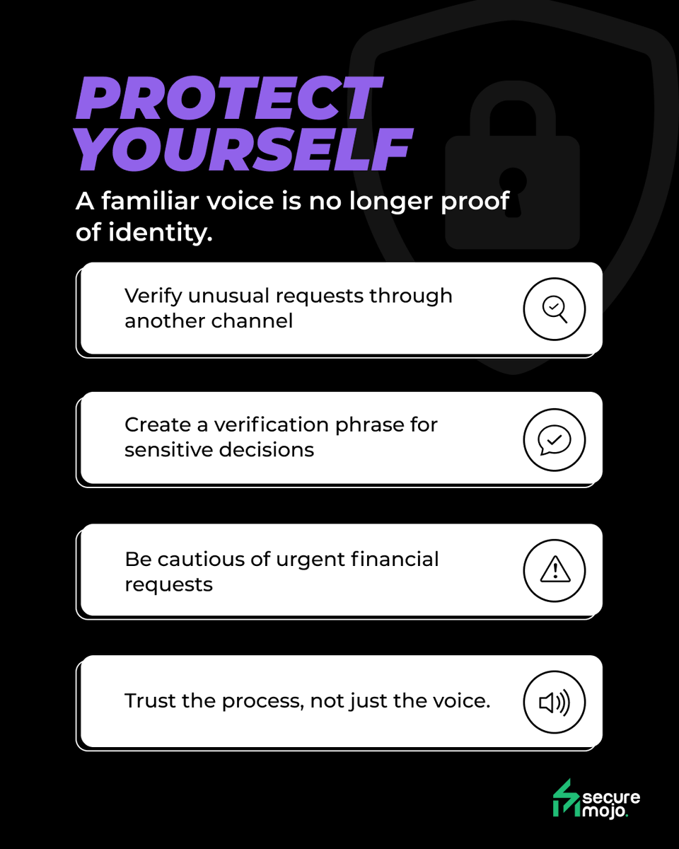 SecureMojo's tweet photo. AI can copy a voice in minutes. 👀
Don't let a familiar voice become an expensive mistake. 🔐
#SecureMojo #VoiceCloning #DeepfakeScam #AIScams #FounderSecurity #ExecutiveProtection #DigitalTrust #StartupSecurity https://t.co/IKEPyt5RFQ