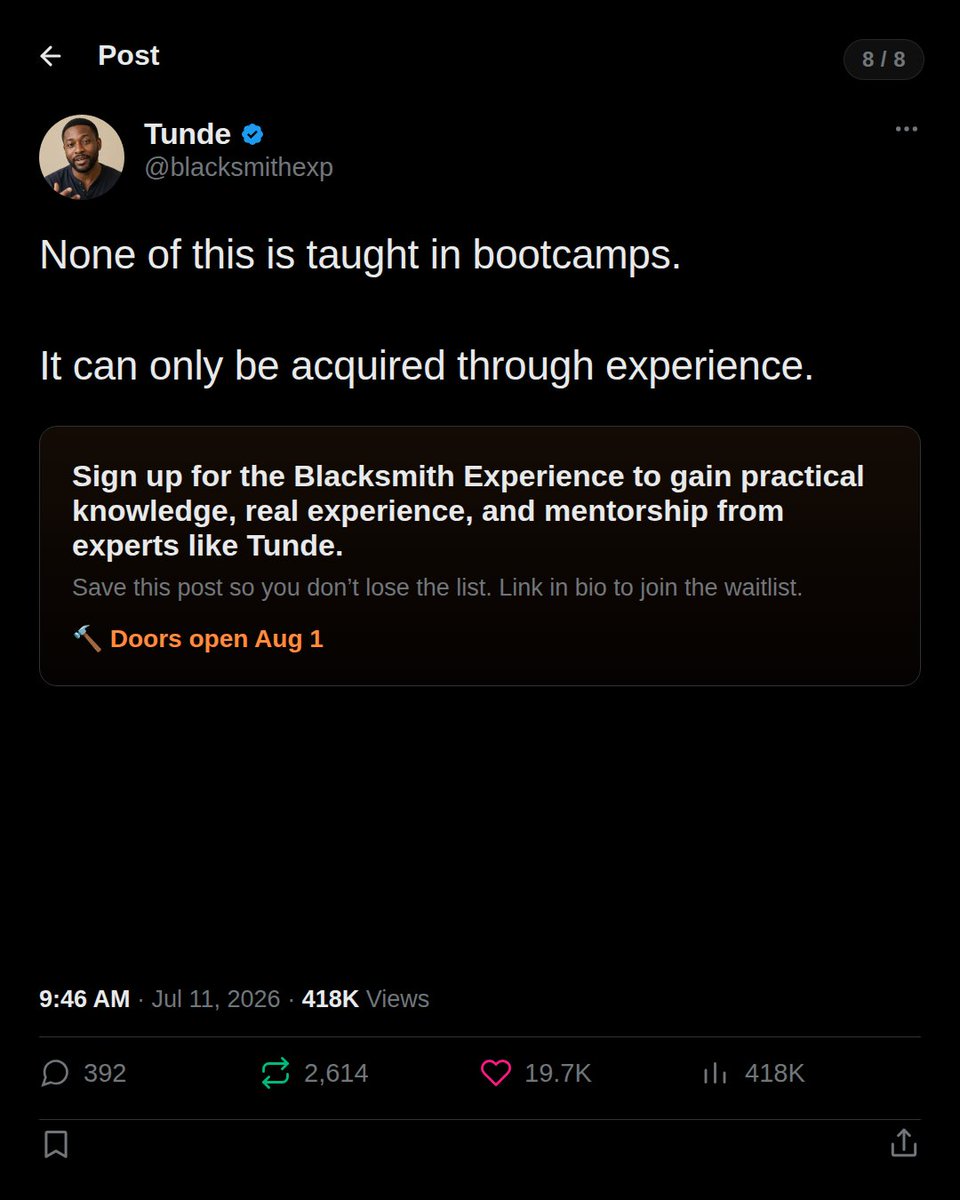 blacksmith_exp's tweet photo. 1.Postgres + Indexes
2.Docker
3.Message Queues (Redis/RabbitMQ)
4.Secrets Management
5.Observability/Logging
6.OpenAPI Specs
7. CI/CD

At Blacksmith Exp, Tunde (our Senior AI Backend Dev) reviews your PRs to make sure you know these.

Check it out 
https://t.co/Z4YMRWmzsW https://t.co/YbaUx6enwG