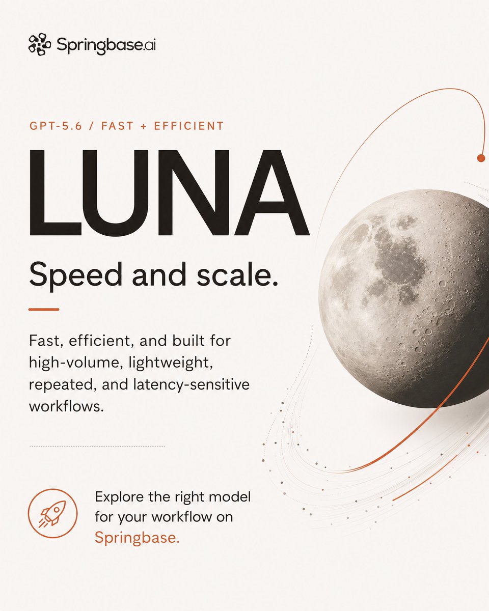 springbaseai's tweet photo. GPT-5.6 is Live on Springbase.

Meet the GPT-5.6 lineup on https://t.co/KjTCfkkkg7.

☀️ Sol for frontier work
🌍 Terra for everyday power
🌙 Luna for speed at scale

Choose the model that fits the task, without leaving your workflow. Switch seamlessly between GPT-5.6 tiers while keeping all your context, plans, and work in one place.

Now live on https://t.co/KjTCfkkkg7.

#GPT56 #OpenAI #SpringbaseAI #MadeWithSprinbgase
