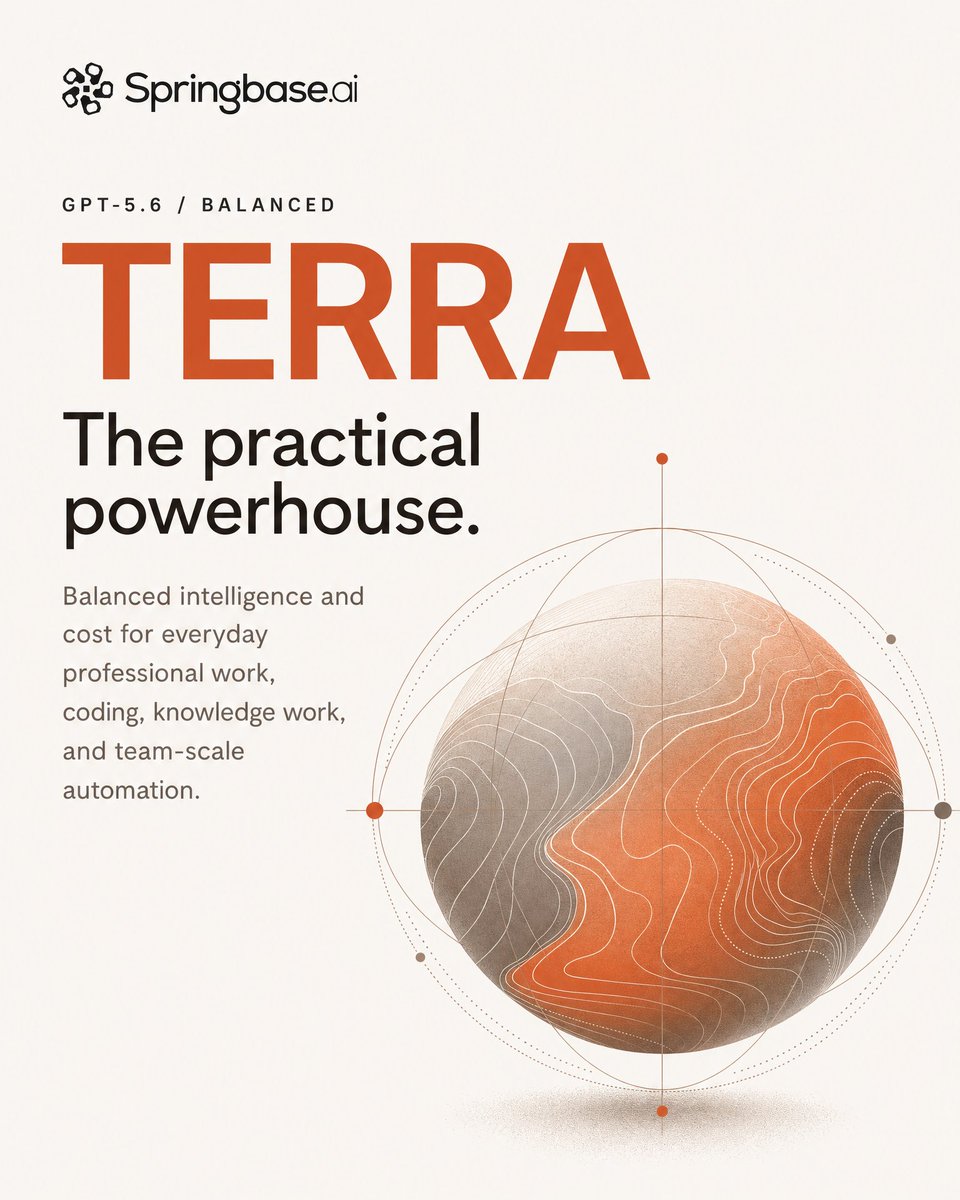 springbaseai's tweet photo. GPT-5.6 is Live on Springbase.

Meet the GPT-5.6 lineup on https://t.co/KjTCfkkkg7.

☀️ Sol for frontier work
🌍 Terra for everyday power
🌙 Luna for speed at scale

Choose the model that fits the task, without leaving your workflow. Switch seamlessly between GPT-5.6 tiers while keeping all your context, plans, and work in one place.

Now live on https://t.co/KjTCfkkkg7.

#GPT56 #OpenAI #SpringbaseAI #MadeWithSprinbgase