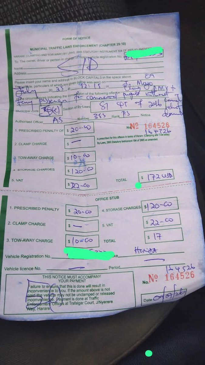 CrimeWatchZW's tweet photo. Can anyone explain whether it is legal for Harare City Council to charge a towing fee and a 
 fee when I drove my car to their offices myself and paid the fine immediately after arriving there?

The issue started yesterday when I wanted to drop my wife off along Jason Moyo Avenue in the Harare CBD. There was a car coming out of a parking space, so I stopped and waited for it to pull out before I could park. As soon as I entered the now-empty parking space, Harare City Council officials approached my vehicle and accused me of being dangerously parked and operating as an InDrive driver, which was not true.

The officials then got into my car and instructed me to drive to their offices. At first, I thought it was a minor issue and expected to pay a small fine and continue with my day, especially since I was already late for work.

To my surprise, I was charged a storage fee of US$120 for a vehicle that had only been at their premises for about 10 minutes, as well as a towing fee of US$10, even though I drove the car there myself. In total, I paid US$172.

I am trying to understand whether these charges were legal and justified under the circumstances. Has anyone experienced something similar, or does anyone know what the law says about charging towing and storage fees when a vehicle was neither towed nor stored for any significant period?

@JMafume @gama_stanley
