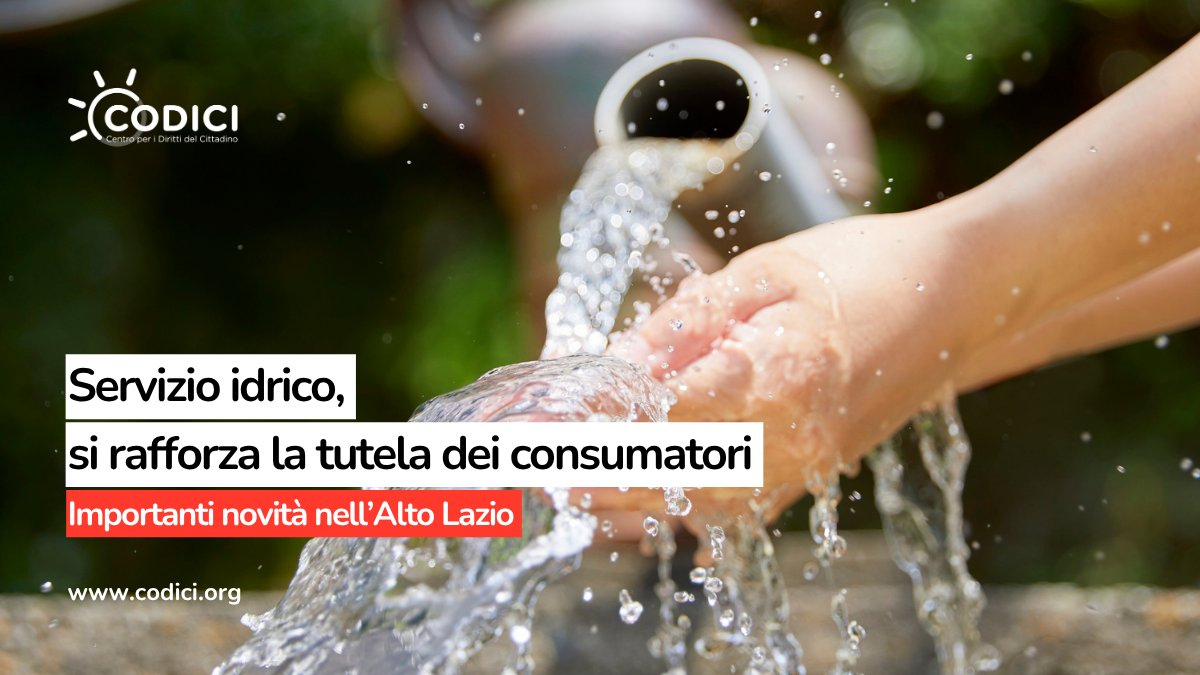 CODICIassconsum's tweet photo. Servizio idrico, si rafforza la tutela dei #consumatori. Importanti novità nell'Alto #Lazio.
https://t.co/T6VMLjmfNT
#Codici #Viterbo #Civitavecchia #acqua #otuc https://t.co/60r9uq4TKr