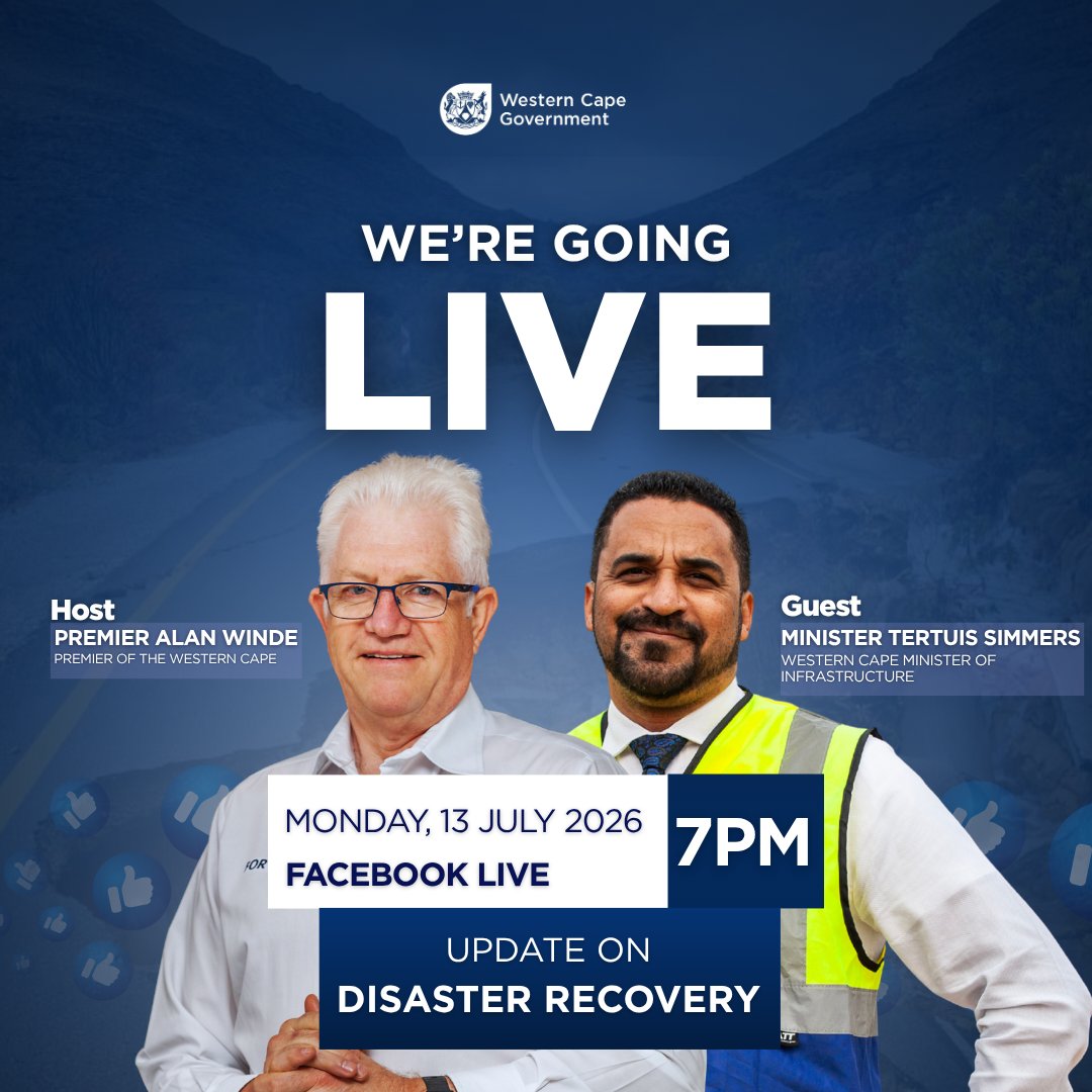 alanwinde's tweet photo. Join me on Monday, 13 July at 7PM live on Facebook with Western Cape Minister of Infrastructure, @Min_TSimmers , for an update on our disaster recovery efforts.
Tune in, ask your questions, and be part of the conversation.
🗓️ Monday, 13 July 2026
🕖 7PM
📍 Facebook Live
#GettingItDone #ForYou