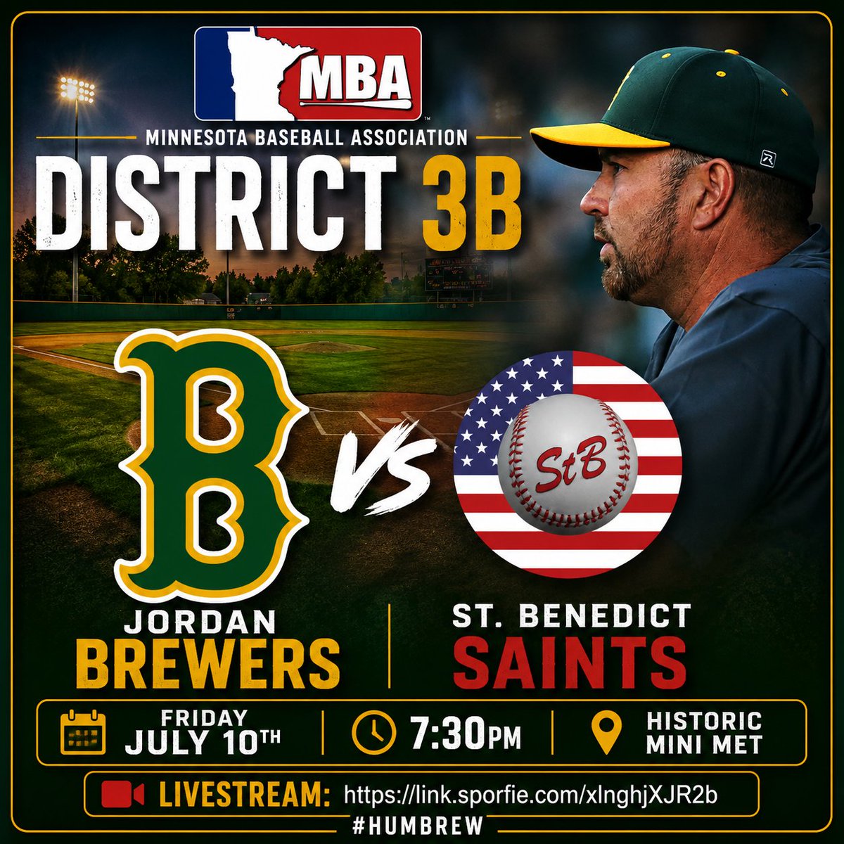 jordanbrewers's tweet photo. The Brewers are back in action this evening as we welcome the @SaintBennyBall to the Mini Met. 7:30p is first pitch. @RVLbaseball @MinnBaseball #humbrew https://t.co/pGaCNe4r09