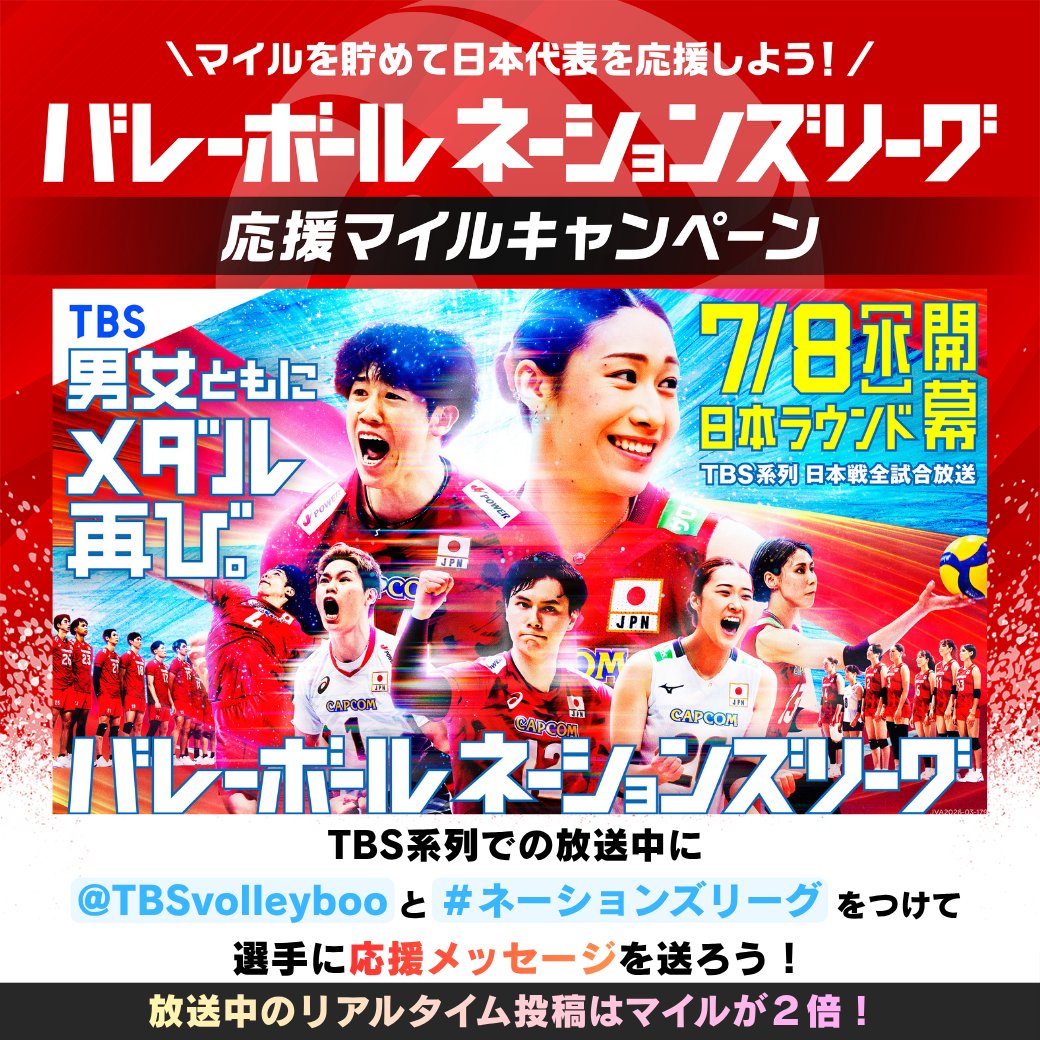 TBSvolleyboo's tweet photo. ＼今夜7️⃣時〜放送／
バレーボールネーションズリーグ🏐
日本🇯🇵vsトルコ🇹🇷

Xで日本代表にエールを📣
🎌応援マイルキャンペーン

連日熱戦をお送りしている
#バレーボールネーションズリーグ
会場の選手たちへ
応援メッセージを送ろう🔥

放送中は獲得できる応援マイルが2️⃣倍‼️

(@TBSvolleyboo)のアカウントをメンションして
「#ネーションズリーグ」
をつけて投稿お願いします❤️‍🔥

マイルを貯めて豪華景品をゲットしよう🎁

⬇️マイページはこちらから
🔗https://t.co/MKdD5yGoUW

#NIPPONもうIPPON
#男女ともにメダル再び