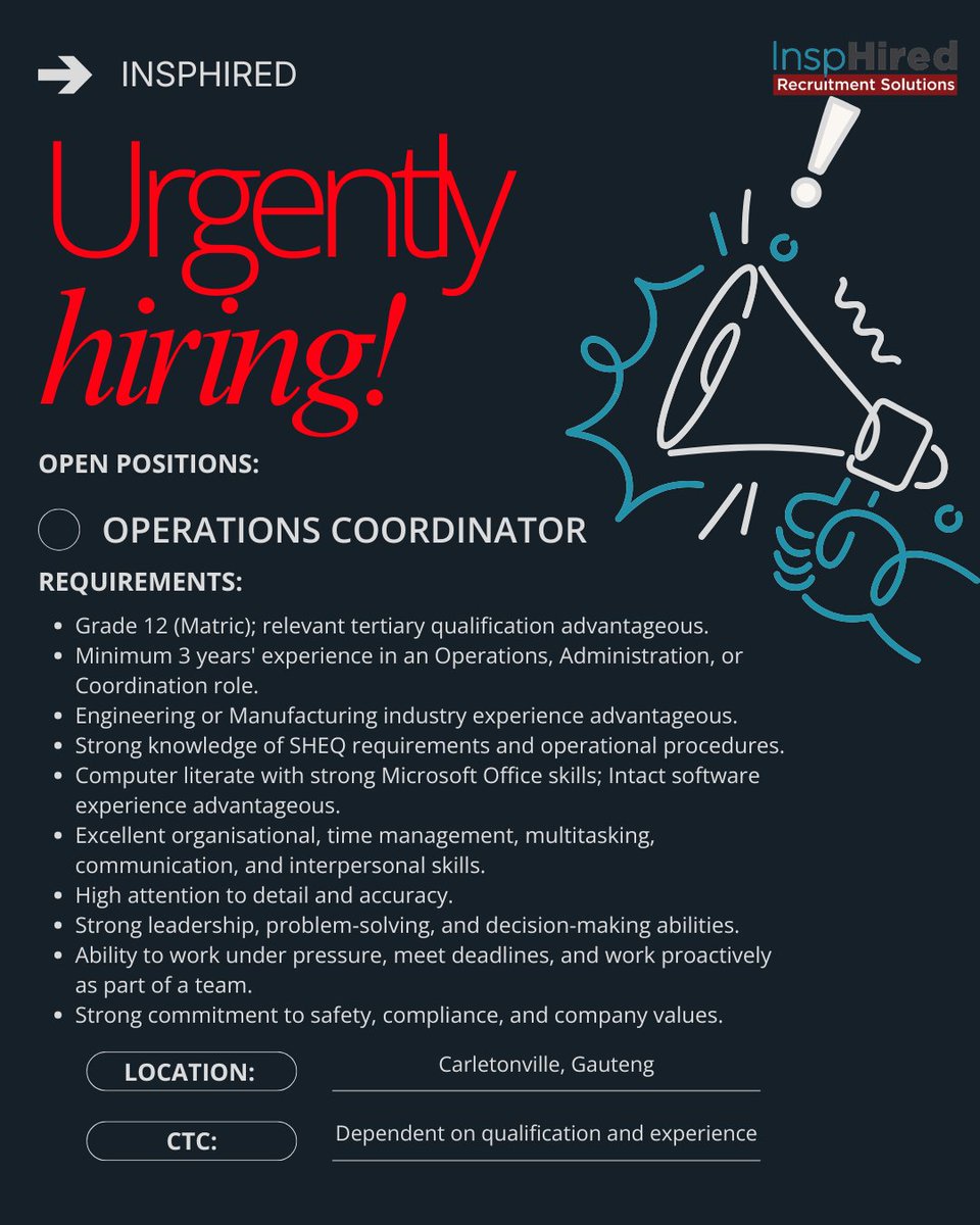 InspHiredSA's tweet photo. 🚨 URGENTLY HIRING
Our client in the Maintenance and Repair industry is currently looking for an Operations Coordinator, in Carletonville, Gauteng.
Apply via the link below:
https://t.co/j0XL2TPifb
#OpenRoles #ApplyNow #WeAreHiring #operationscoordinator #openpositions #urgent https://t.co/0UTKKuW6IS