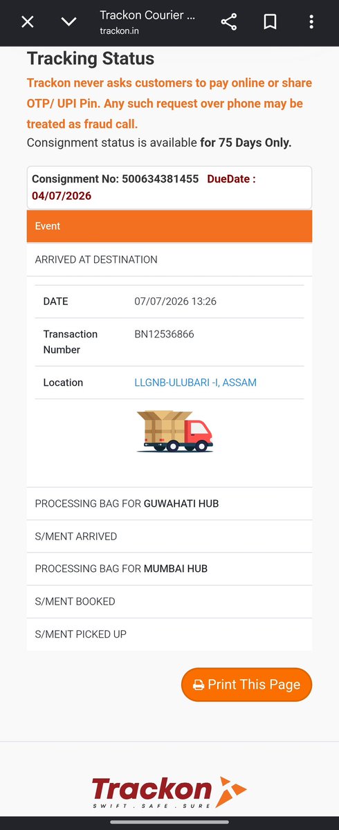 Ecstatic_Rohit's tweet photo. Worst service from @trackonindia The parcel has already reached Guwahati from Mumbai, but till now has not been delivered and it’s already 12days.
Manager is not picking up the call.

Never ever rely on such pathetic courier service..
AWB: 500634381455 https://t.co/ybFsxUGDwq