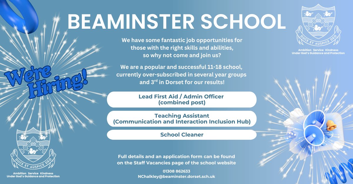 BeaminsterSch's tweet photo. Staff Vacancies We have 3 current staff vacancies available. Beaminster is a great place to work, so if you have the right skills and abilities, come and join us! Full details are on the school website #Beaminster #school #vacancies #recruitment https://t.co/7mQ879joBS
