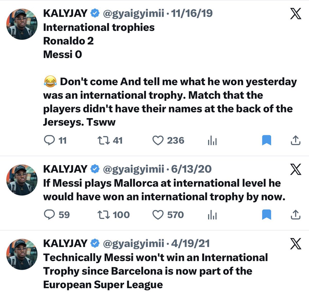 0panaa_1's tweet photo. In case you feel sad for Ronaldo, this is  what his fans were doing to Messi in 2019, 2020, and 2021. 👍 https://t.co/9tbap7cV0X