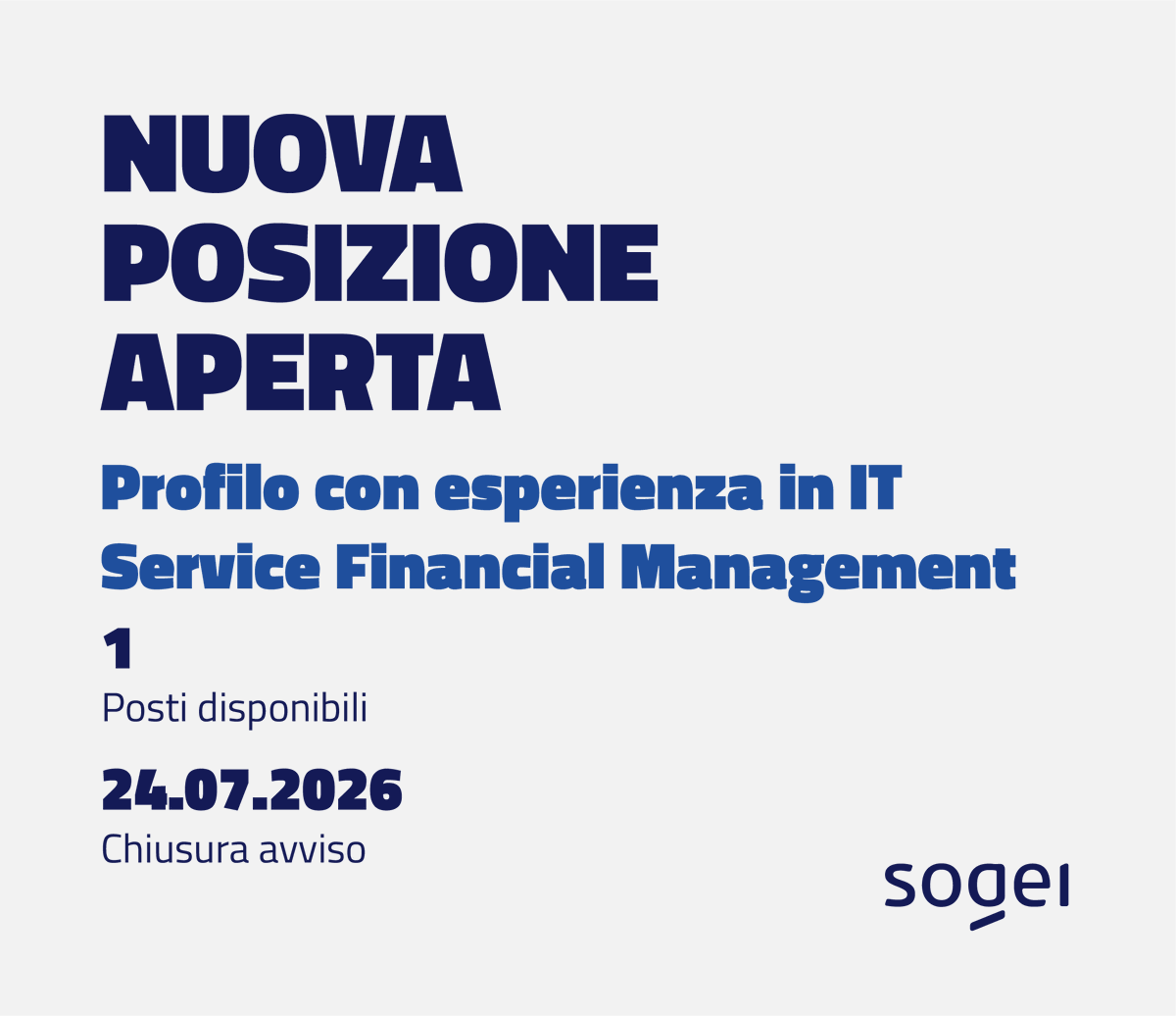 Sogei_SpA's tweet photo. 🧰 Posizione aperta in #Sogei: profilo con esperienza in IT Service Financial Management.
📅 Scadenza: 24 luglio 2026, ore 12:00
👉 https://t.co/lRaNMAGEgl
#AssunzioniSogei https://t.co/13EIKw6llZ