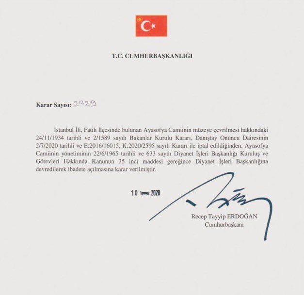 DobraAdamTR's tweet photo. Tarihi İmza,Tarihi gün🇹🇷❤️

6 yıl önce bugün Ayasofya-i Kebir Cami-i Şerifi yeniden ibadete açıldı.

Elhamdülillah

@RTErdogan
Recep Tayyip Erdoğan
#Ayasofya https://t.co/uddq1OhWoB