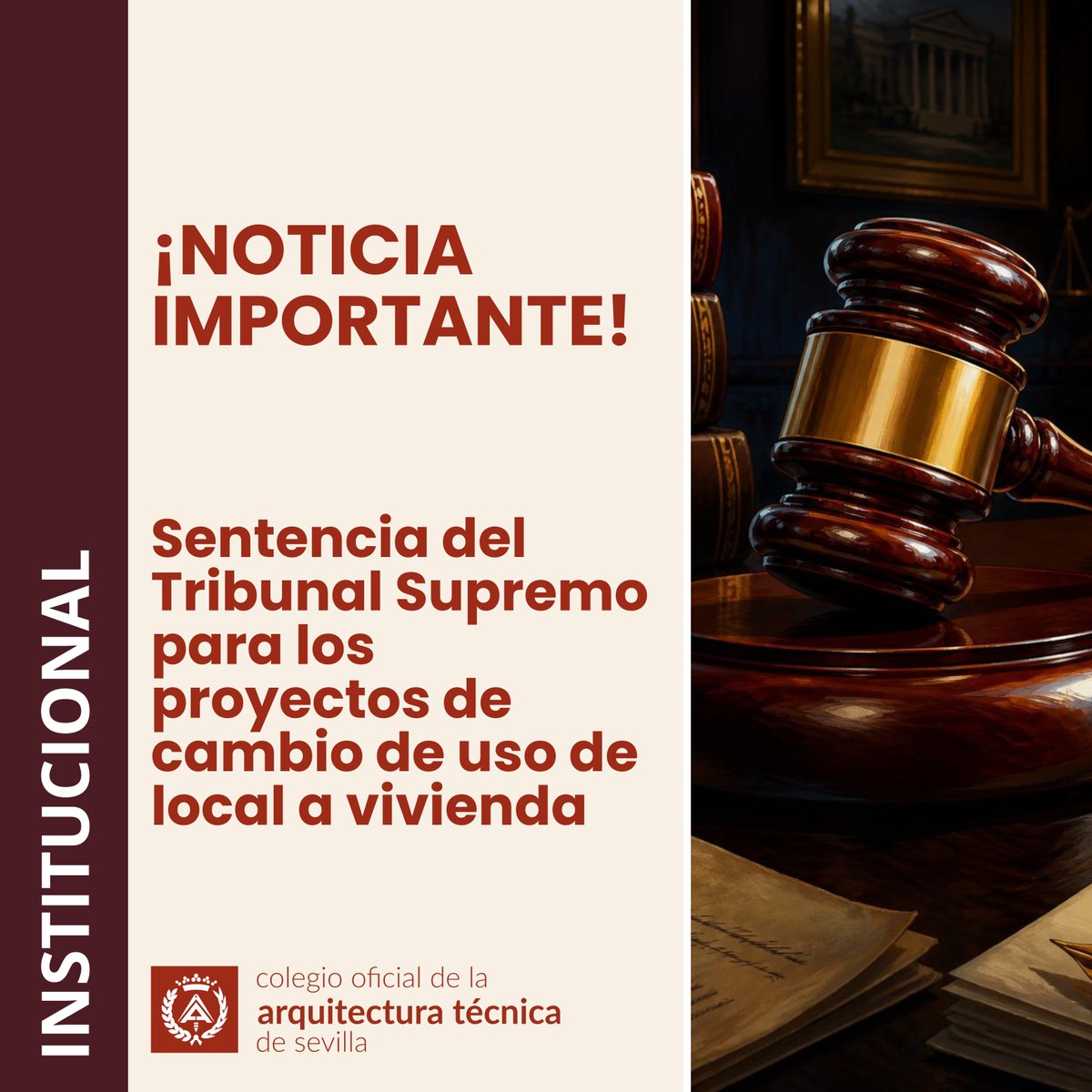COATSevilla's tweet photo. ⚖️ La Sentencia nº 700/2026, de 4 de junio, del Tribunal Supremo, confirma el pronunciamiento del Tribunal Superior de Justicia de Andalucía de 8 de julio de 2022, que declaraba la incompetencia de un Arquitecto Técnico para suscribir un proyecto de cambio de uso de local a vivienda 🏢➡️🏠 en un edificio de uso comercial e industrial, considerando que dicho proyecto debía ser redactado por un Arquitecto 👨‍💼📐.

📖 En el Fundamento de Derecho Cuarto, se pronuncia sobre la formación de doctrina jurisprudencial y declara que:

> "...los proyectos de obras referidos a intervenciones sobre edificios existentes cuando alteren la configuración arquitectónica o tengan por objeto cambiar los usos característicos de un edificio destinado a uso comercial a uso residencial deberán ser redactados por un Arquitecto..."

📌 En relación con lo expuesto, y frente a las interpretaciones que están circulando de forma interesada por parte de otros colectivos, podemos concluir que:

✅ El alcance de la sentencia se limita exclusivamente al cambio de uso de local a vivienda 🏢➡️🏠 en edificios cuyo uso característico sea industrial o comercial 🏭🏬, sin que pueda extrapolarse a la totalidad de supuestos que pueden darse en los cambios de uso.

👷‍♂️📐 En cualquier supuesto en el que se considere que el cambio de uso requiere proyecto arquitectónico, será necesaria la intervención de las siguientes figuras:

🔹 Proyectista.  
🔹 Director de obra.  
🔹 Director de ejecución de obra.

#COATSevilla #ArquitecturaTécnica #Jurisprudencia #Urbanismo #Construccion