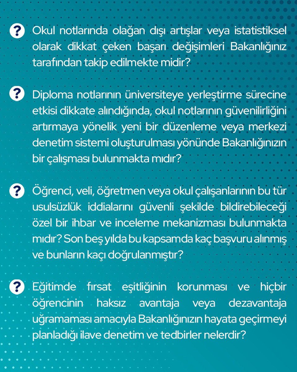 devapartisi's tweet photo. “Bazı okullarda sınav kâğıtlarının sonradan değiştirilerek öğrenci notlarının yükseltildiği yönündeki iddialarla ilgili Bakanlığınız tarafından bir inceleme veya soruşturma başlatılmış mıdır?”

İstanbul Milletvekilimiz @hasankaraltr, Millî Eğitim Bakanı Yusuf Tekin’e sordu. https://t.co/MwlhN3ZiOV