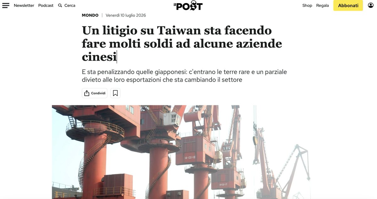giuliapompili's tweet photo. A few thoughts: a liberal Italian online news outlet, widely read by younger audiences, chose to frame China's massive economic retaliation against Japan over Taiwan with this headline: "A dispute over Taiwan is making some Chinese companies a lot of money." /1 https://t.co/vnYzCV5DRi