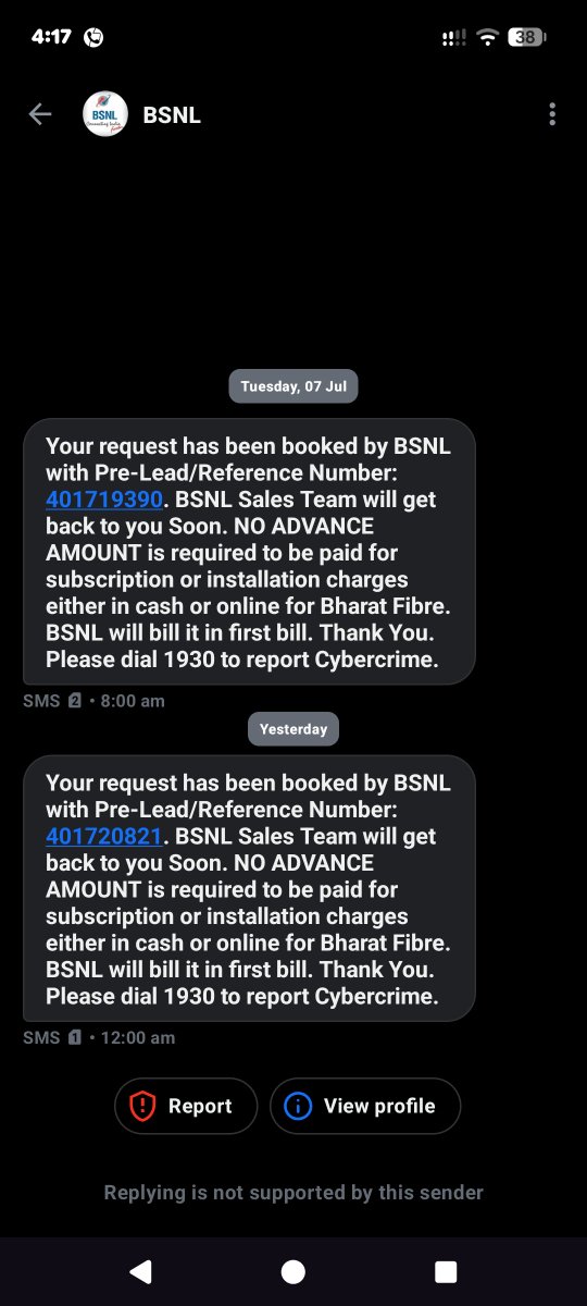 anar_kheti's tweet photo. Dear @BSNLCorporate,
I have registered two separate Bharat Fibre connection requests, but I have not received any call or update from your sales team.
Reference Numbers: • 401719390 • 401720821
 @bsnl_care @BSNL_MH https://t.co/Ad7WiBTkch