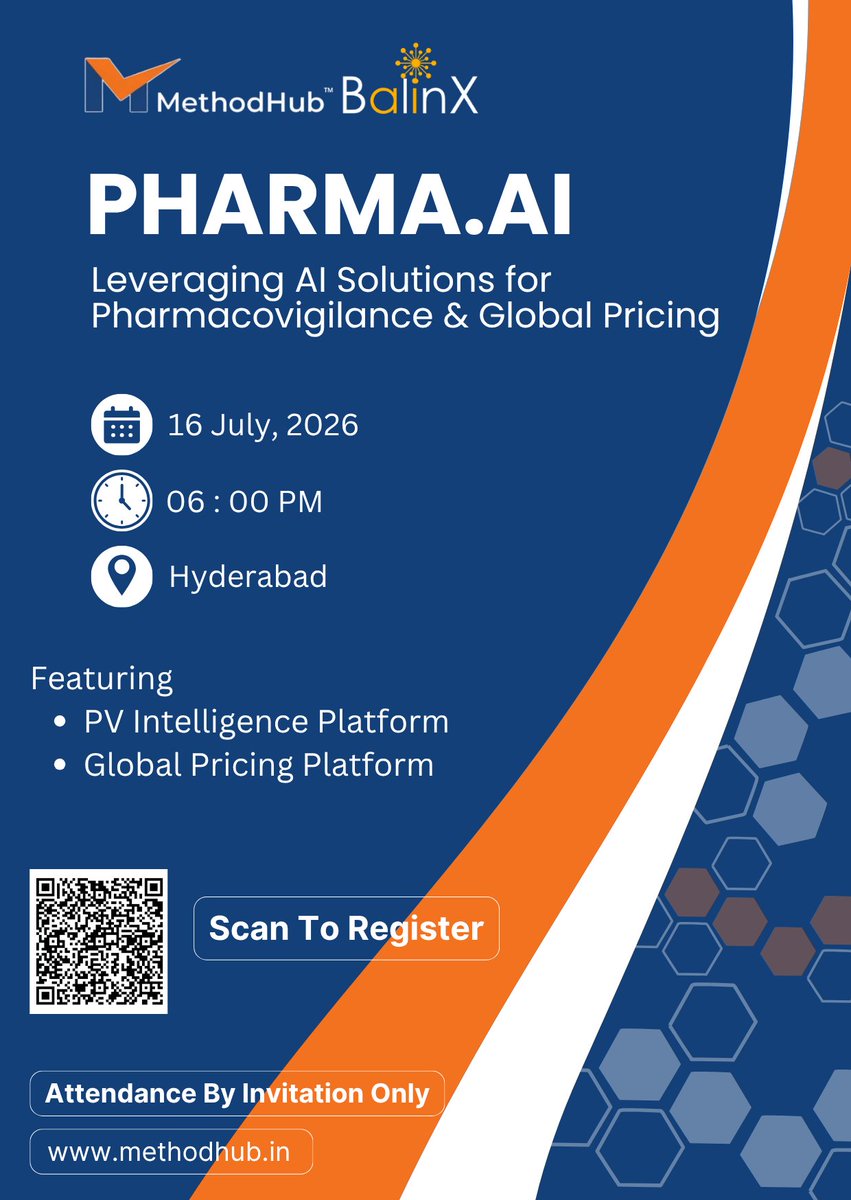 MethodhubSoft's tweet photo. MethodHub and BalinX are proud to present PHARMA AI, a leadership event focused on how AI is transforming Pharmacovigilance & Global Pricing.
Register and join the event
https://t.co/qNwQMETKnP
#PharmaAIEvent #AIInPharma #Pharmacovigilance #GlobalPricing #LifeSciences #MethodHub https://t.co/gbwb6BhDxG