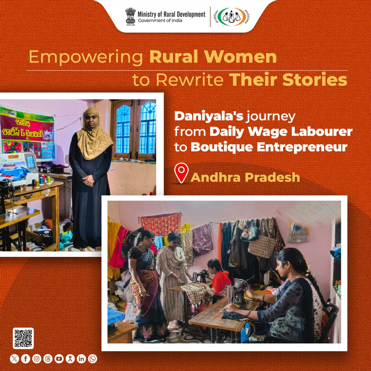 MoRD_GoI's tweet photo. She used to earn ₹60,000 a year. Now she earns ₹4.2 lakh.

Daniyala Shalibi's journey from daily wage labourer to boutique owner is the SHG success story you need today.

With support from Sri Sainatha Self Help Group under #DAYNRLM, she mastered tailoring and computerized embroidery and rewrote her family's future.

#MoRD #SchemesofRD #WomenEmpowerment #NariShakti #LakhpatiDidi #RuralLivelihoods