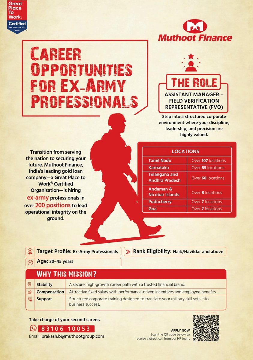 TheMuthootGroup's tweet photo. Your service to the nation reflects discipline &amp; resilience. #MuthootFinance invites Ex-Army Professionals to join as Assistant Manager – Field Verification Representative (FVO), with 200+ openings across South India.
Apply: prakash.b@muthootgroup.com
WhatsApp: 8310610053
#Hiring https://t.co/oeW6IfV19a