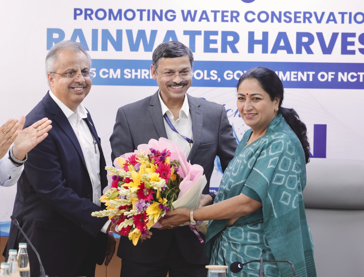 CMODelhi's tweet photo. Water harvesting infrastructure will be established in 75 CM SHRI Schools across Delhi under a tripartite MoU signed, in the presence of Chief Minister Smt. Rekha Gupta, between Indraprastha Gas Limited (IGL), the Directorate of Education and EHSAS Foundation.

Supported through IGL’s CSR initiative, the project will create rooftop rainwater harvesting systems, strengthen groundwater recharge and promote water conservation awareness among students and teachers.

This pilot initiative will lay the foundation for expanding rainwater harvesting across government and MCD schools, supporting a greener and more water-secure Delhi.

#CatchTheRain 
#ViksitDelhi