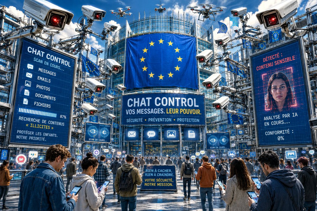 OseilleTV's tweet photo. 🇪🇺 Ça y est : Chat Control est passé.

Tous vos messages, mails et photos seront désormais scannés par l'État, avec l'aide de l'IA.

Sans aucune autorisation de votre part !

Le but : détecter des contenus « illicites ».

Je vous dis comment vous en protéger 🧵 https://t.co/eyigSpTiRs