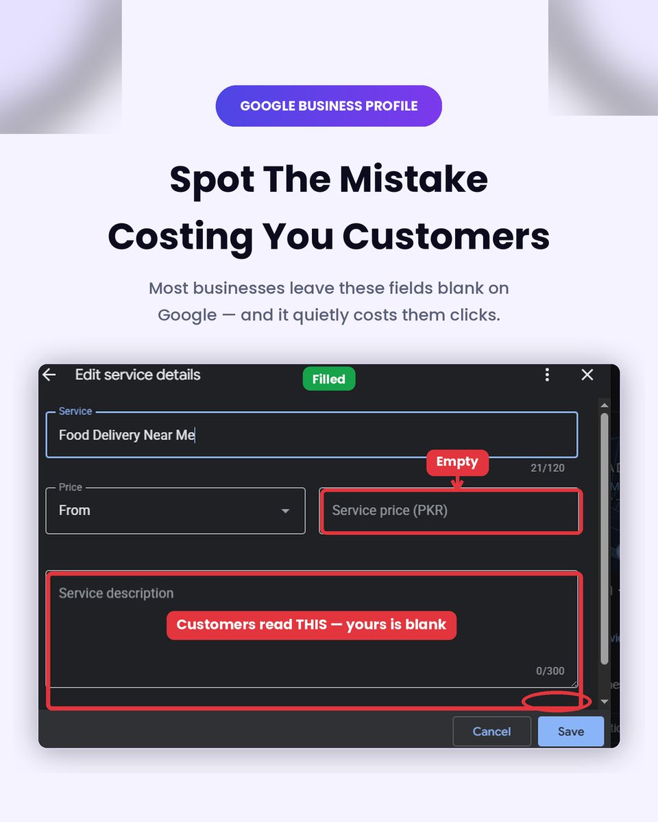 lintaarshad's tweet photo. 20 services on your Google Business Profile. 0 clicks.
Why? Every description is blank.
Google reads the description, not just the name. Empty = you look unfinished, and unfinished sends people to your competitor.
Fix: fewer services, fully described.
#LocalSEO https://t.co/S179WMvB8u