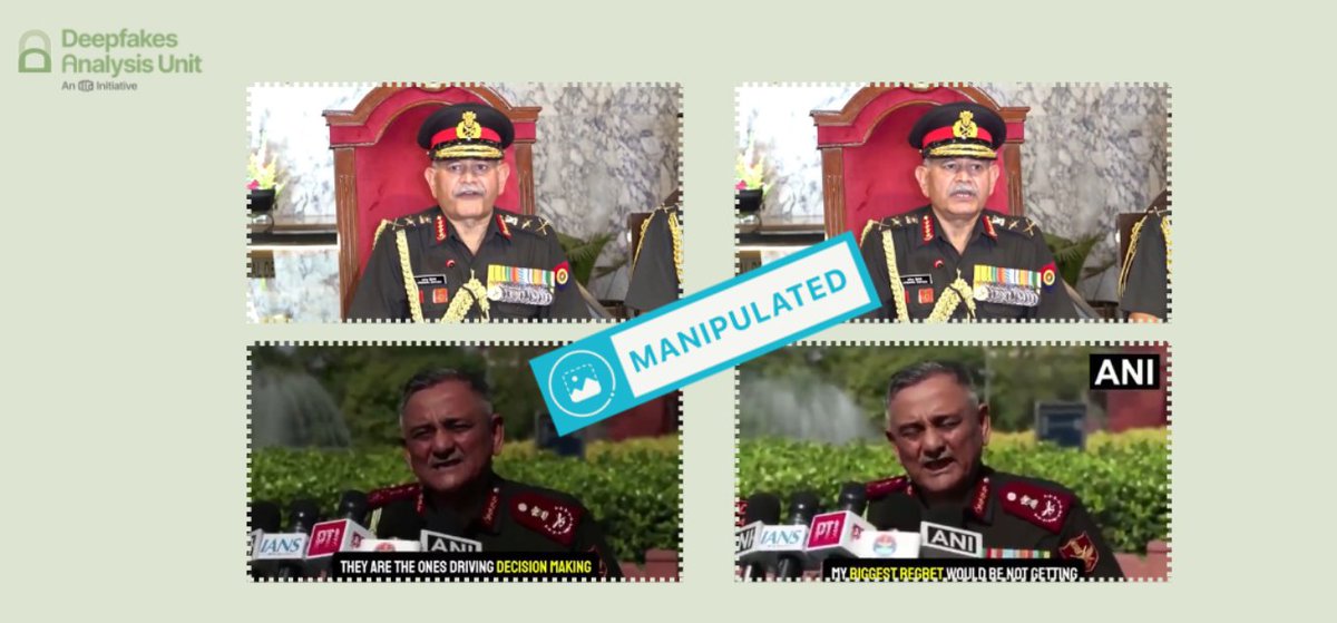 dau_mca's tweet photo. DAU analysed 2 videos that apparently feature Gen. Anil Chauhan (Retd.) and Gen. Upendra Dwivedi (Retd.) respectively, where they supposedly criticise the Indian government policies around Operation Sindoor and praise Pakistani establishment for their diplomatic and military strategy. Our analysis+expert input established that the videos were manipulated with synthetic audio.