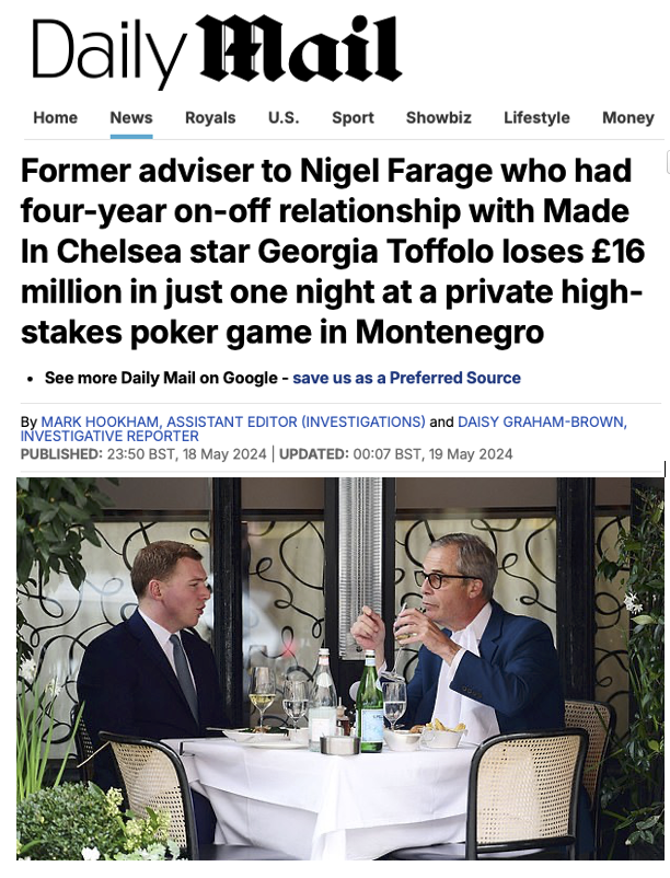 AlexTaylorNews's tweet photo. Oh look ! The guy bankrolling Reform and his "Daddy" Farage lost £16 million one night in a poker game in Montenegro

Dear people of Clacton etc - if you really think this lot are the ones fighting for you against "The Establishment", sorry but you're basically an idiot https://t.co/zB0TIOYqi8