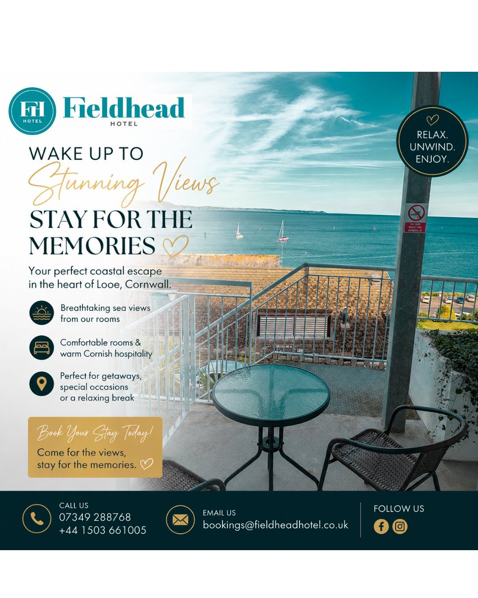 thenewfieldhead's tweet photo. ☀️ **Your perfect seaside escape is waiting...** 🌊

Wake up to breathtaking sea views, enjoy your morning coffee on your private balcony, and let the peaceful Cornish coastline do the rest. 

✨ Book your stay and experience the beauty of Looe from one of our sea-view rooms. https://t.co/soPhWDhDY7