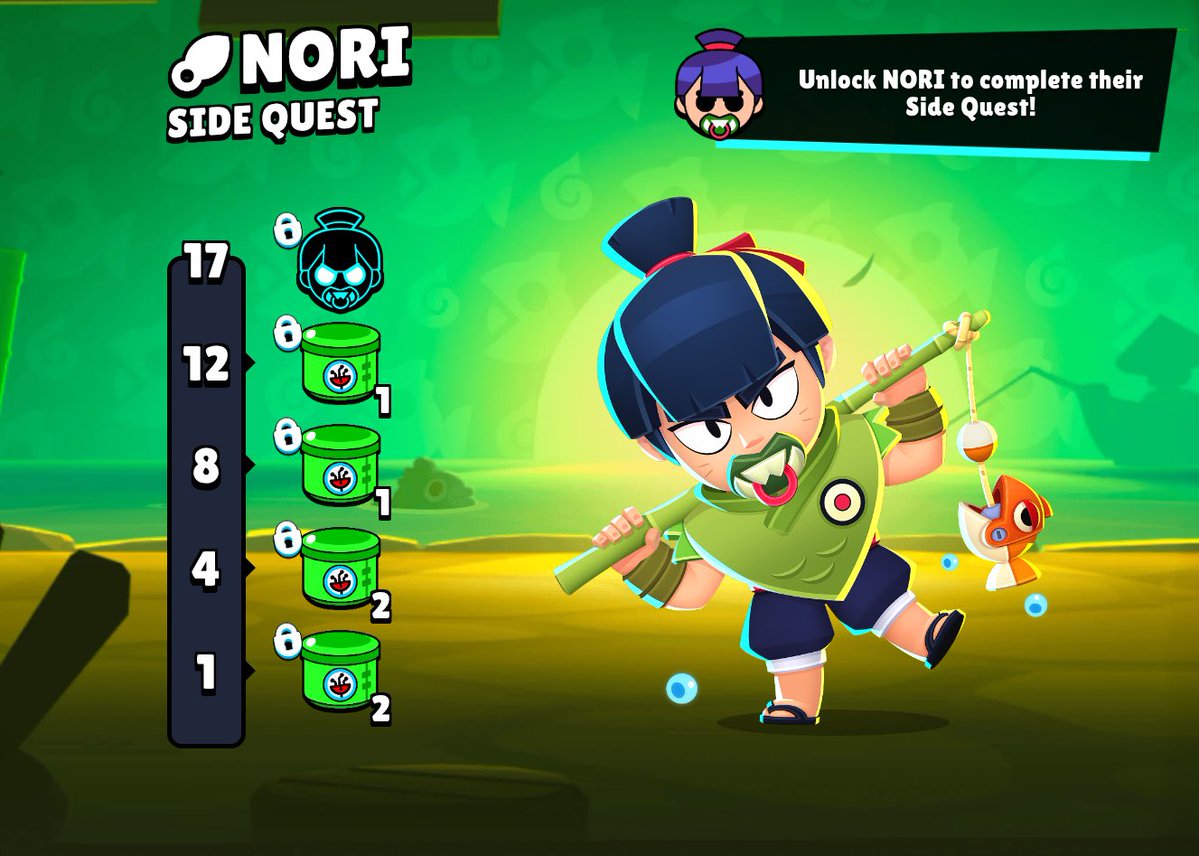BrawlStars's tweet photo. ❗️Nori Side Quests Update❗️

🎣 You can now take on Quests for other Brawlers in the Nori Side Quests! Even if you haven't unlocked Nori yet!

🔓 Berry, Mico, Kaze, Kenji, and Jae-yong's Quests are now available if you've unlocked them already! https://t.co/i49K4E4Ynh