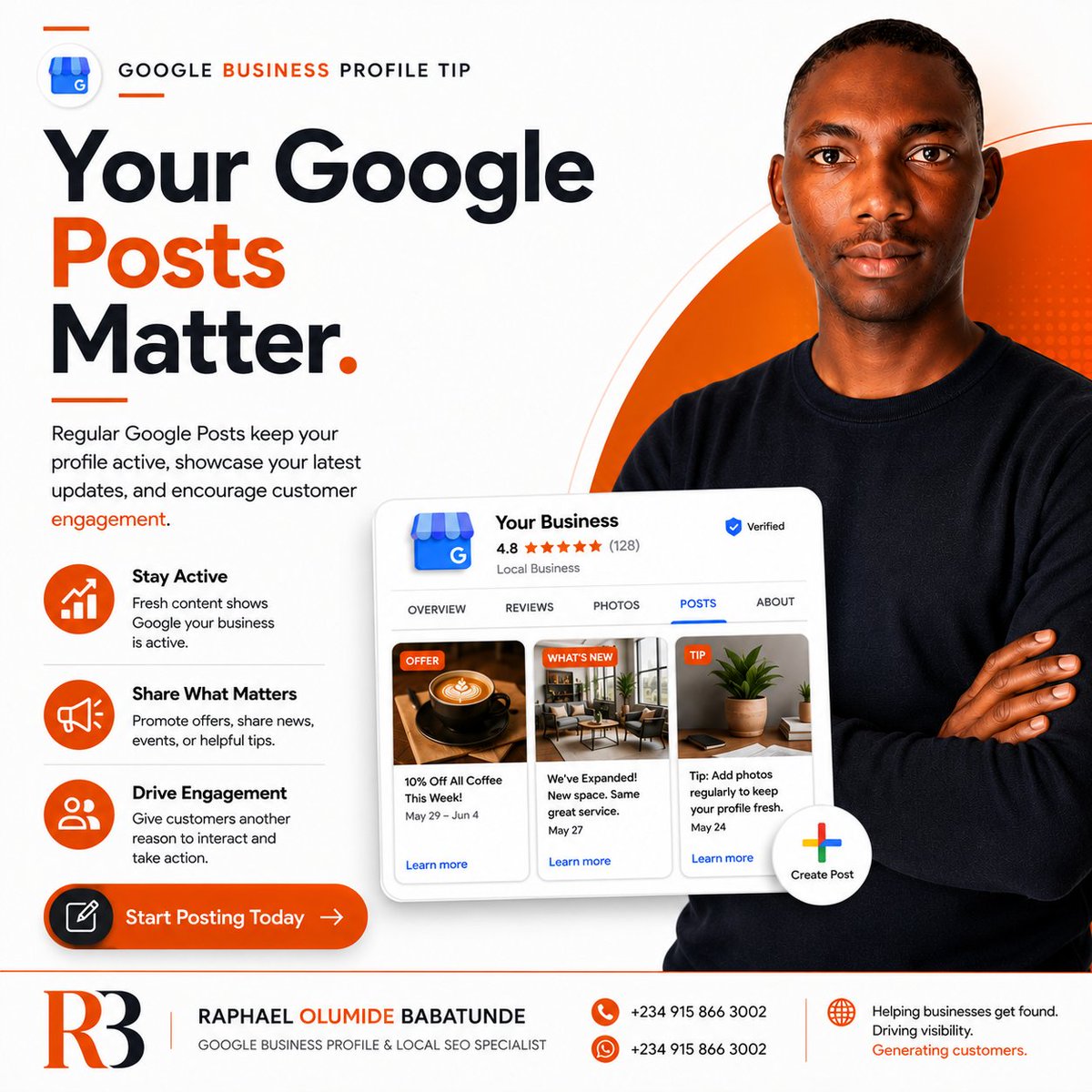 raphael_olumide's tweet photo. Google Business Profile posts aren't just updates, they show customers your business is active.

Sharing offers, news, or tips regularly keeps your profile fresh and gives people another reason to engage.

Do you use Google Posts?

#LocalSEO #GoogleBusinessProfile https://t.co/dHYNdYQ7Oq