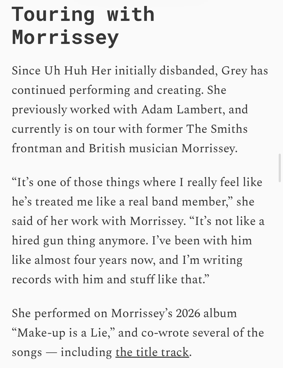 arthound87's tweet photo. Camila Grey discusses touring with Morrissey, calling him “one of the kindest people I’ve ever met.” ♥️ https://t.co/Uk1dUN7BPd