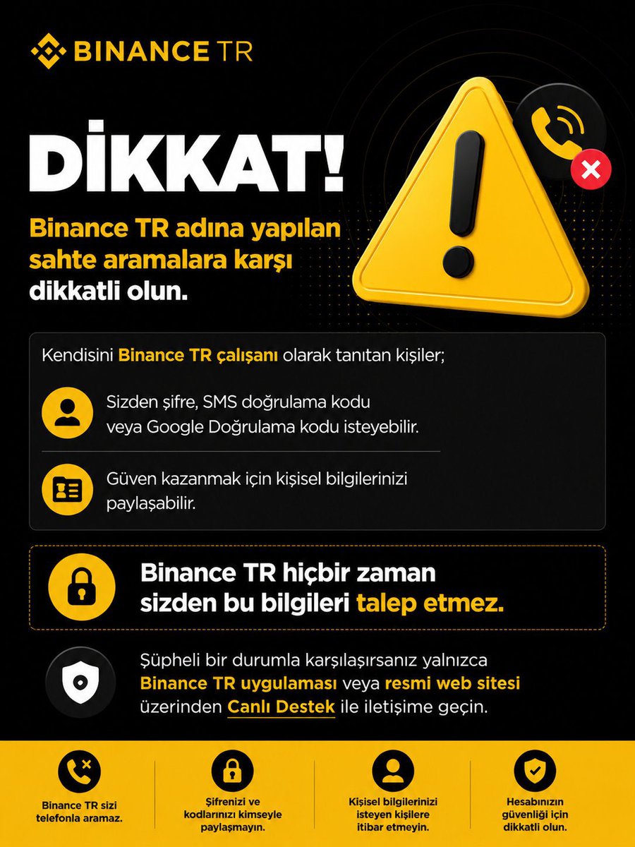 Cryptotalees's tweet photo. Kriptoda en büyük risk her zaman piyasa değil, dolandırıcılar.

Son dönemde en sık karşılaşılan yöntemlerden biri sahte airdrop ve sahte destek hesapları. Size özel ödül kazandığınızı söyleyip cüzdan bağlamanızı veya seed phrase'inizi girmenizi istiyorlar. Bunu yaptığınız anda cüzdanınızdaki varlıkları kaybetme riskiyle karşı karşıya kalıyorsunuz.

Bunun önüne geçmek için çok basit ama etkili birkaç kural var: Hiçbir platform sizden 12/24 kelimelik kurtarma ifadenizi istemez. Bir sitede veya uygulamada girdiğiniz bilgiler yıldızlı şekilde (****) görünse bile o bir güvenlik ihlali yaratabilir. Borsa tarafında ise doğrulama kodlarını (SMS, Mail veya Auth) asla kimseyle paylaşmamanız gerekiyor. Resmî hesaplar dışında gelen bağlantılara tıklamayın ve mutlaka URL'yi kontrol edin. Acele ettiren, "hemen onayla" diyen mesajlara da şüpheyle yaklaşın.

Kripto ekosisteminde güvenlik, yatırım yapmanın en önemli parçası. Birkaç dakikalık kontrol, büyük kayıpların önüne geçebilir. Cüzdan ve hesap güvenliğiniz birinci planda olsun.
