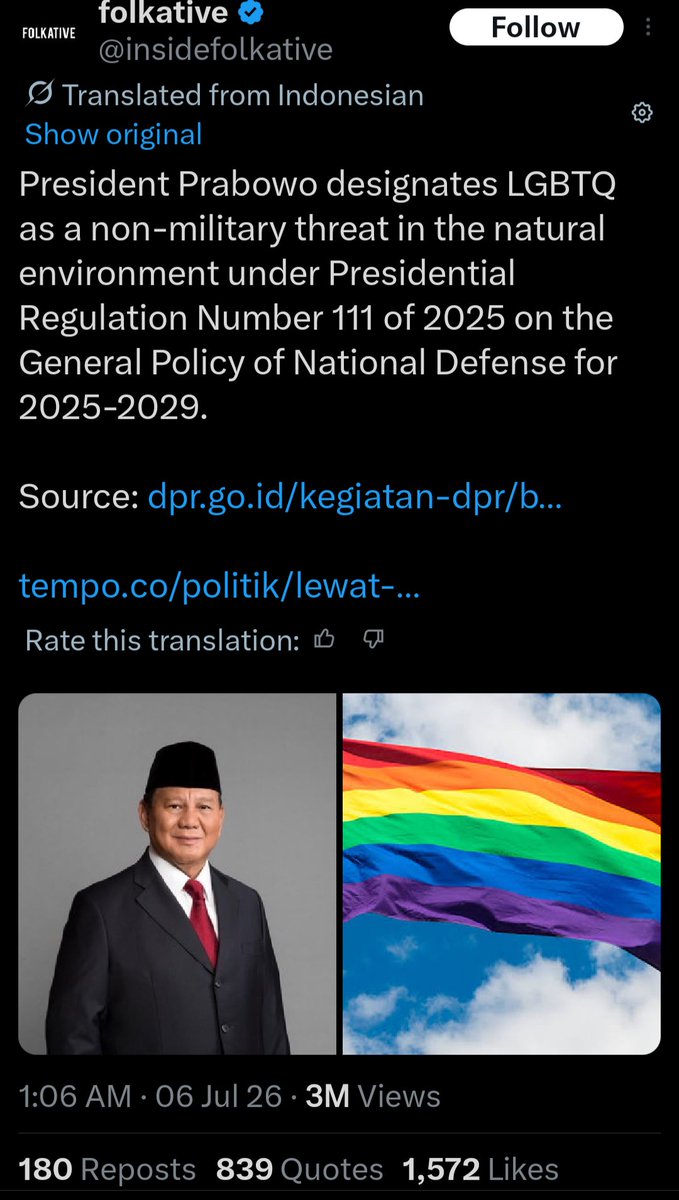de_Softe's tweet photo. The Indonesian president is calling LGBTQ+ a non-military threat. A THREAT TO THE NATURAL ENVIRONMENT.
PEOPLE WHO JUST WANT TO LIVE THEIR LIVES ARE BEING LABELED A THREAT IN THEIR OWN HOME. JUST FOR EXISTING.
Please help spread awareness! 
#wargajagaqueer #queerjagaqueer https://t.co/BtXPsJ6naJ