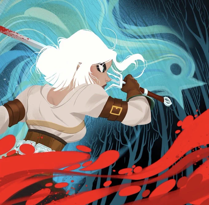 Digital illustration of Ciri from The Witcher 3: Wild Hunt engaged in battle. Ciri is shown from the waist up in profile, with a determined expression on her face. She swings a bloodied sword with her right hand. She wears a white shirt with leather straps and gloves. Her hair is partly tied back, with several loose strands falling across her forehead. In the background, the ghostly blue silhouette of a swallow appears against a dark forest. Red splashes partially cover the lower part of the image.