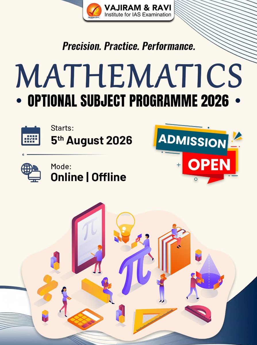 VajiramRavi's tweet photo. 📐 Mathematics Optional — Admissions Open!
Build conceptual clarity, strengthen problem-solving skills and master answer-writing
To know more: https://t.co/lKGL0ELMpc
#MathematicsOptional #UPSCOptional #UPSC2026 #MathsOptional #UPSCPreparation #OptionalSubject #CivilServices https://t.co/PWzEU6a9RZ